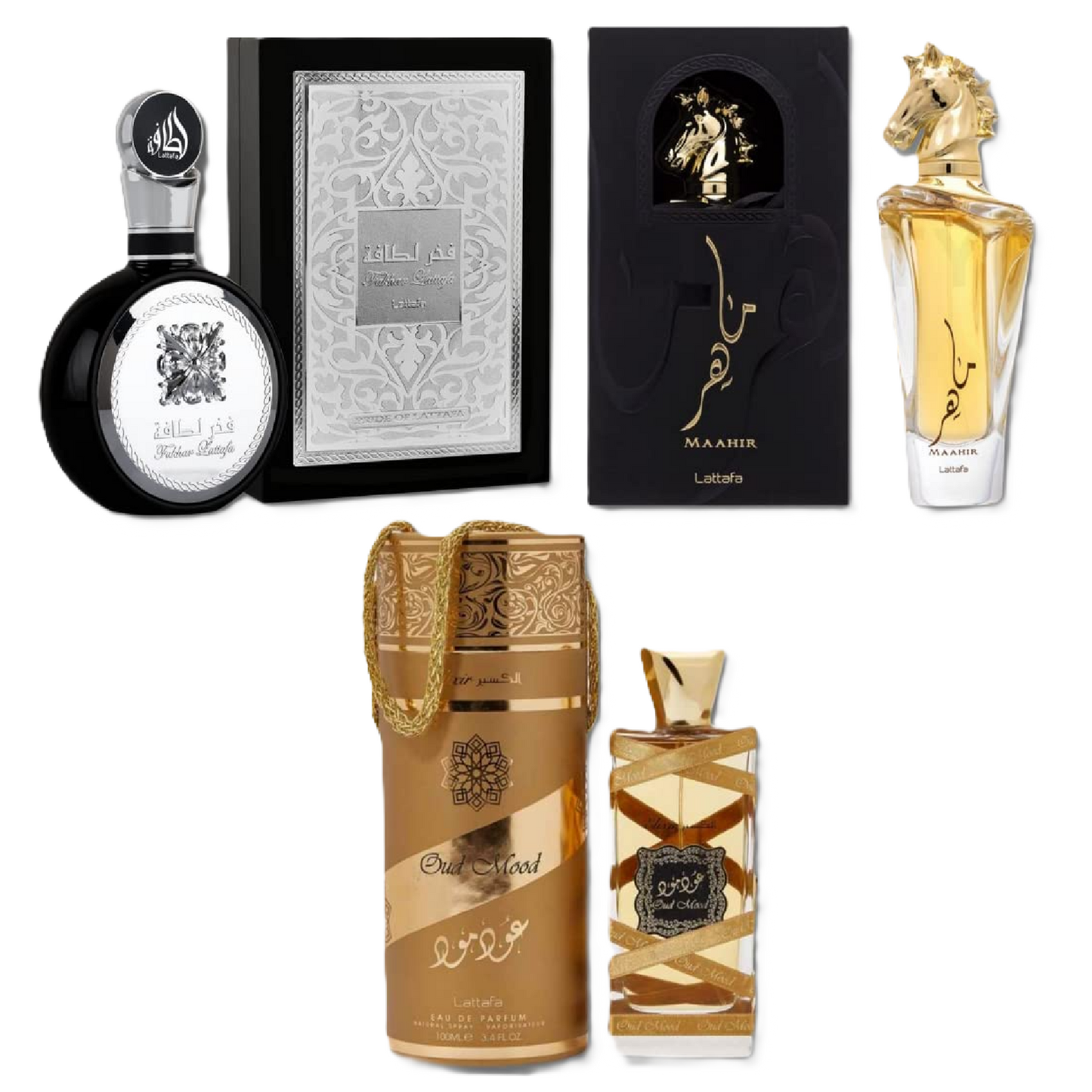 Lattafa Maahir, Fakhar Men & Oud Mood Elixir Fragrance Bundle for Everyone