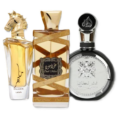 Lattafa Maahir, Fakhar Men & Oud Mood Elixir Fragrance Bundle for Everyone