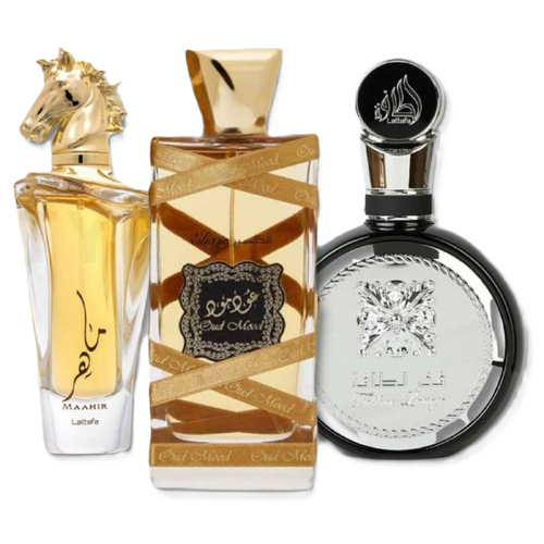 Lattafa Maahir, Fakhar Men & Oud Mood Elixir Fragrance Bundle for Everyone