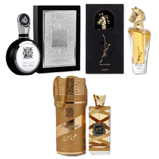 Lattafa Maahir, Fakhar Men & Oud Mood Elixir Fragrance Bundle for Everyone