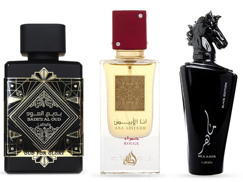 Lattafa Bade'e Al Oud OFG, Ana Abiyedh Rouge & Maahir Black Edition Fragrance Bundle for Everyone