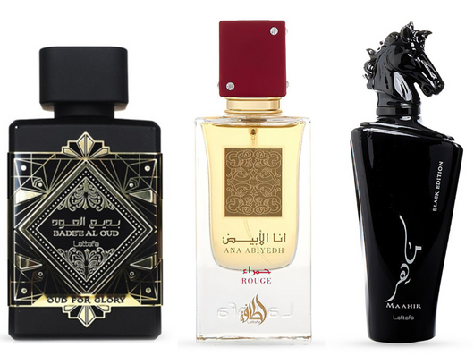 Lattafa Bade'e Al Oud OFG, Ana Abiyedh Rouge & Maahir Black Edition Fragrance Bundle for Everyone