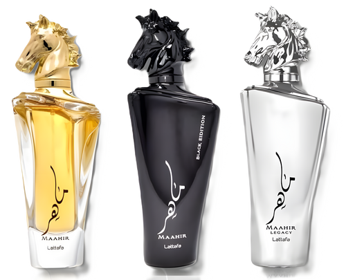 Lattafa Maahir, Maahir Black Edition & Maahir Legacy Fragrance Bundle for Everyone