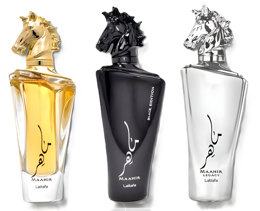 Lattafa Maahir, Maahir Black Edition & Maahir Legacy Fragrance Bundle for Everyone
